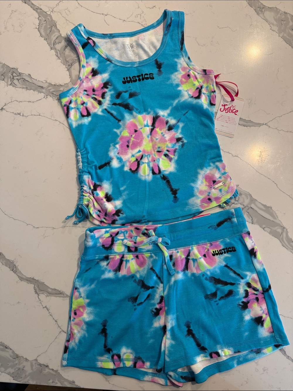 NEW! Justice Girls' Blue Tie-Dye Large Tank and Shorts Set